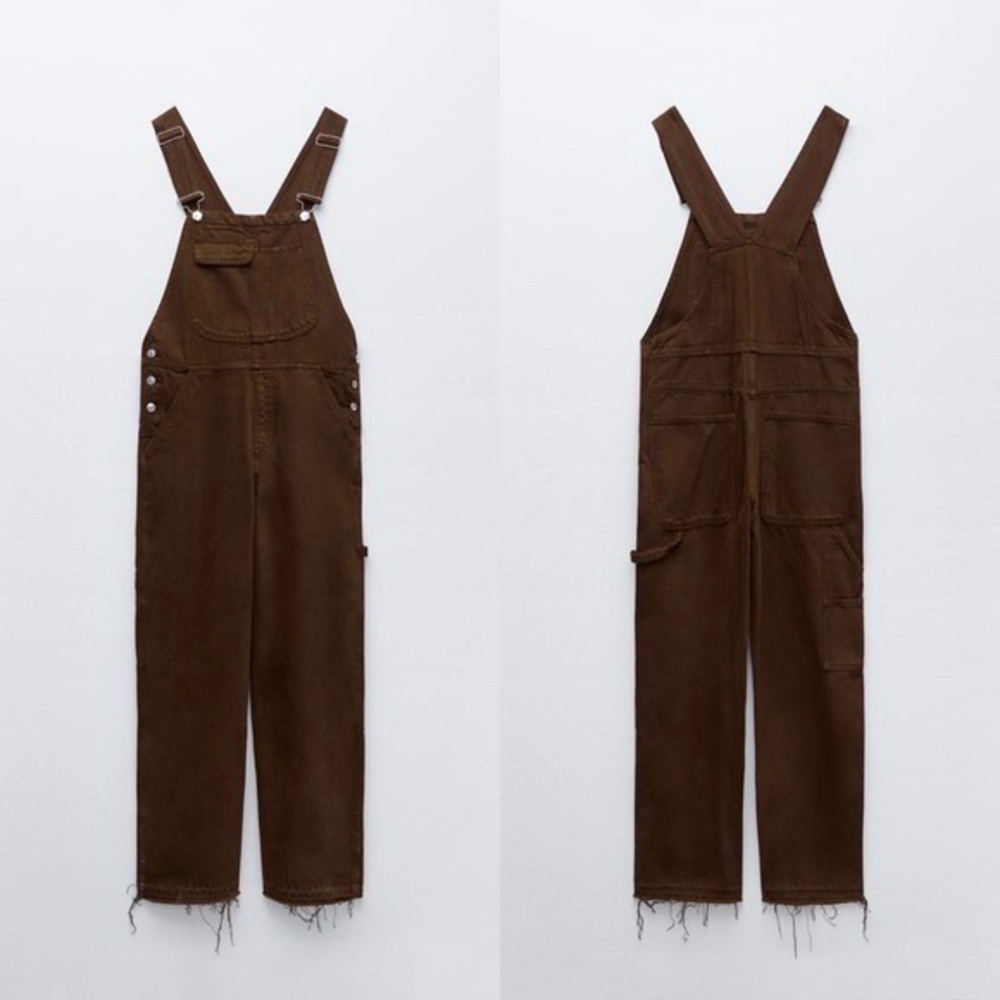 Zara solid color brown denim carpenter overalls